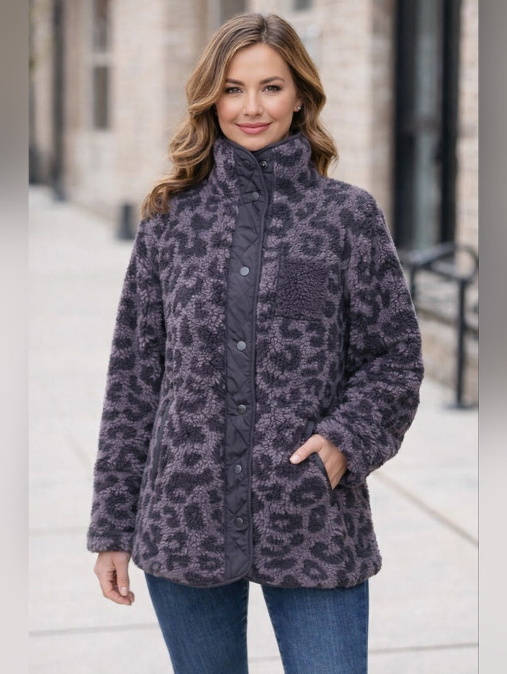 Cozy Sherpa women gray black plush jacket